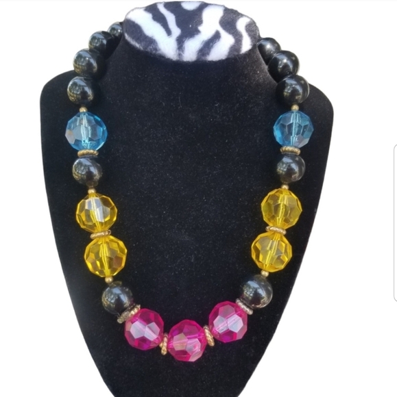 VINTAGE CHUNKY FACETED ACRYLIC BEAD STATEMENT NECKLACE - Picture 1 of 4